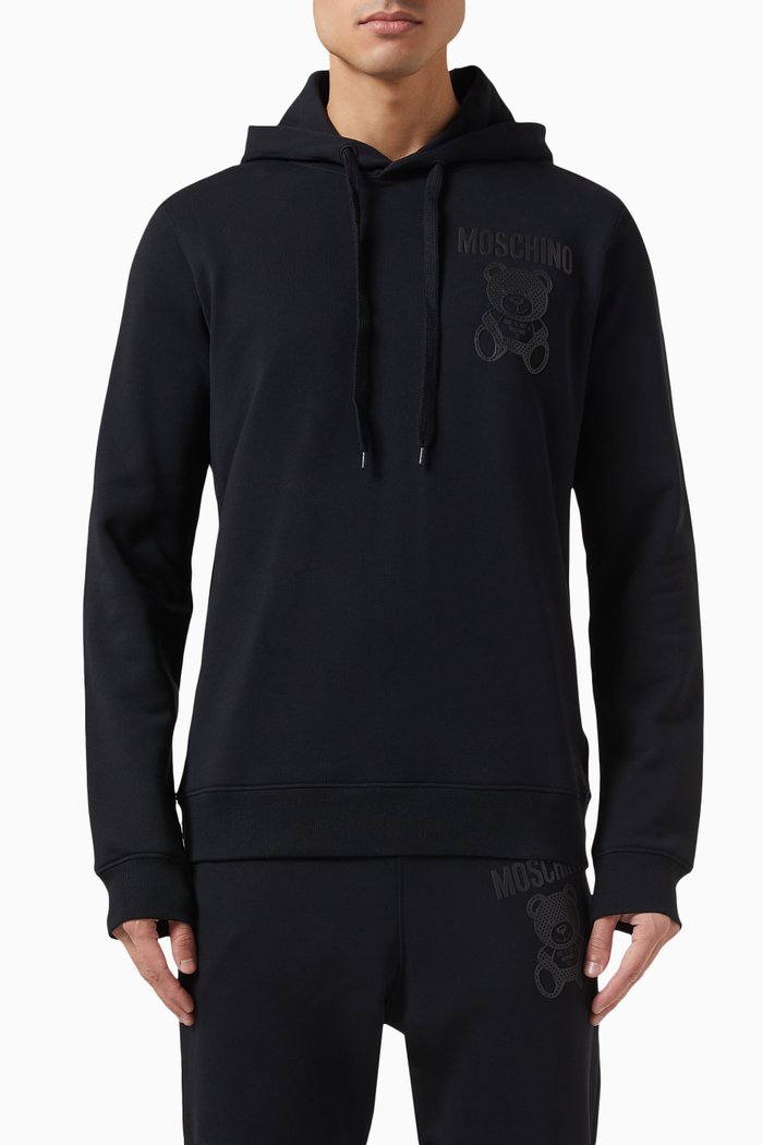 

Teddy Bear Mesh Logo Hoodie in Organic Cotton Fleece, Black