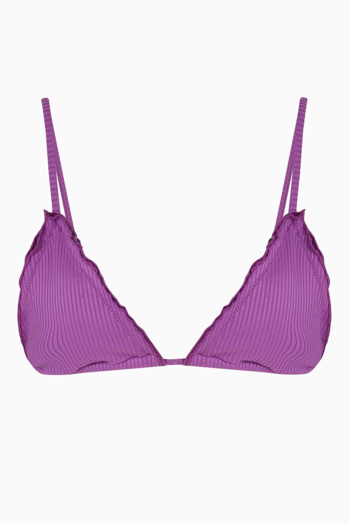 

The Frill Tri Bikini Bra in Eco Ribbed Stretch Nylon, Purple