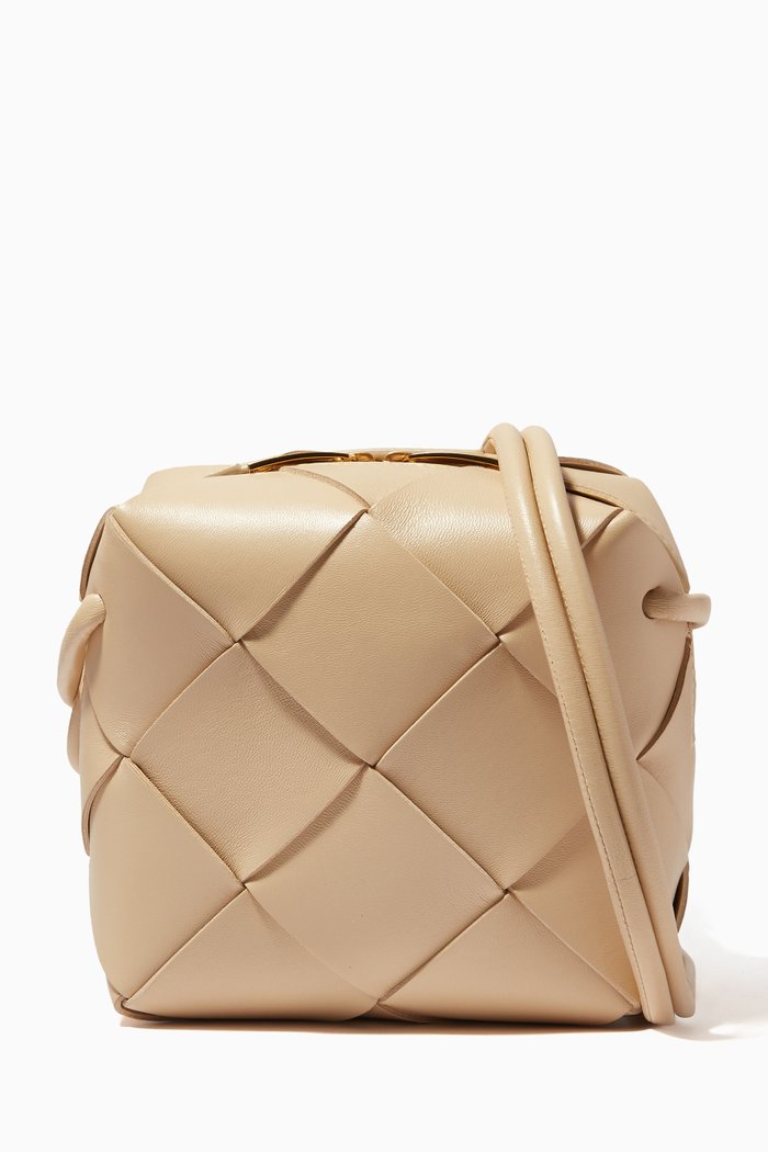 

Mini Cassette Camera Cross-body Bag in Intreccio Leather, Neutral