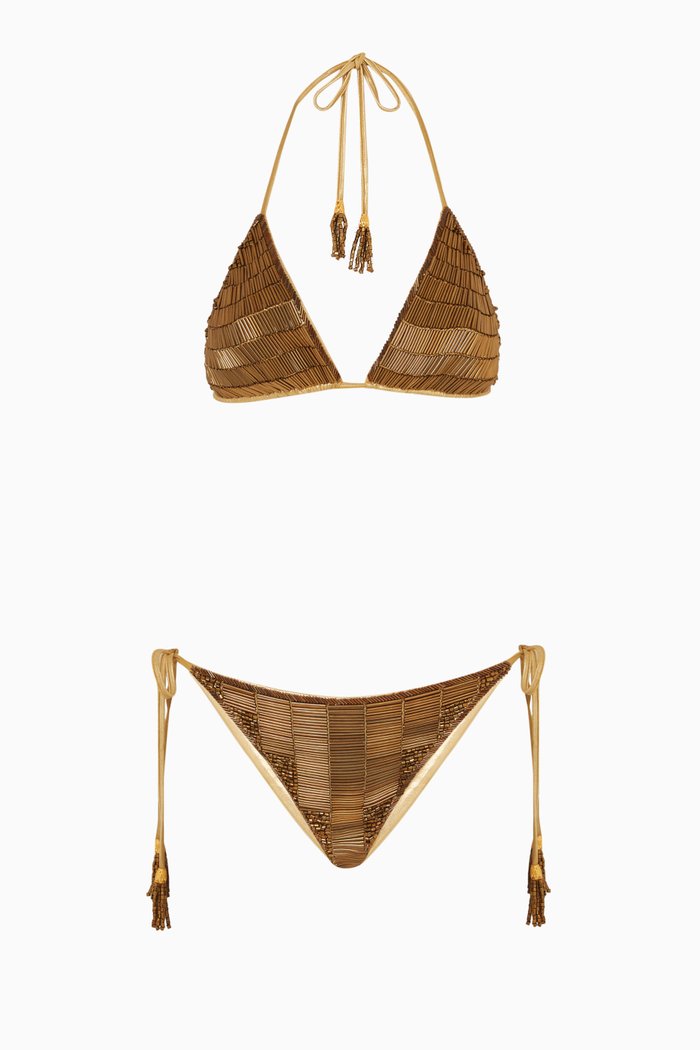 Sirena Embellished Bikini Set in Stretch-nylon, Gold