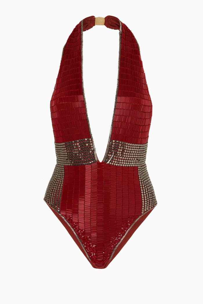 

Pirene Embellished One-piece Swimsuit in Stretch-nylon, Red