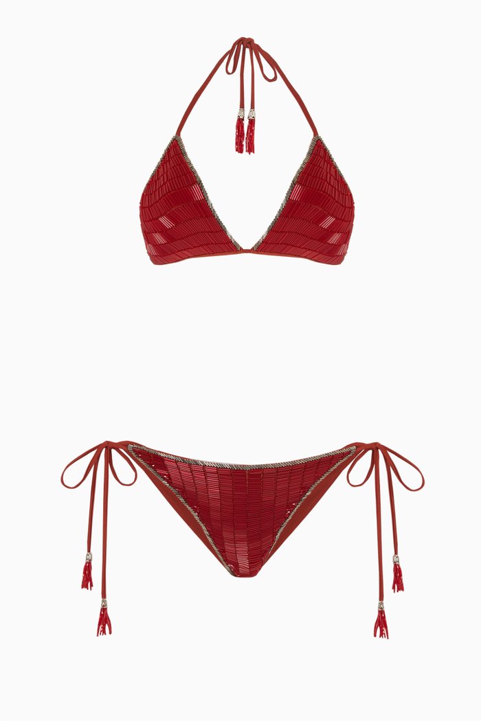 

Pirene Embellished Bikini Set in Stretch-nylon, Red