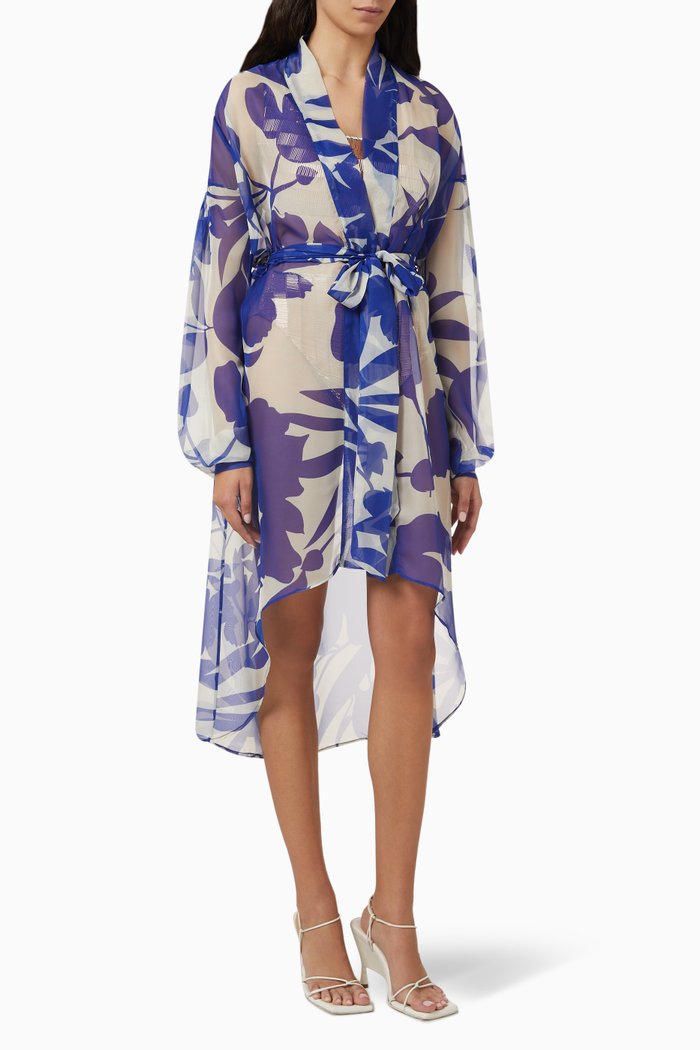 

Floral-print Midi Kimono in Chiffon, Blue