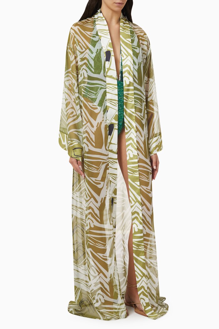 

Floral-print Maxi Kimono in Chiffon, Green