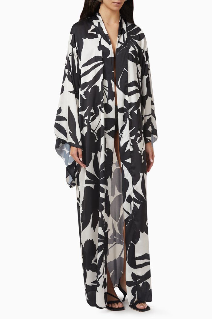 

Floral-print Maxi Kimono in Sateen, Black