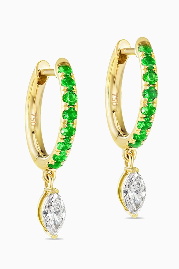 

Marquise Diamond Drop Emerald Hoops in 18k Yellow Gold, Green