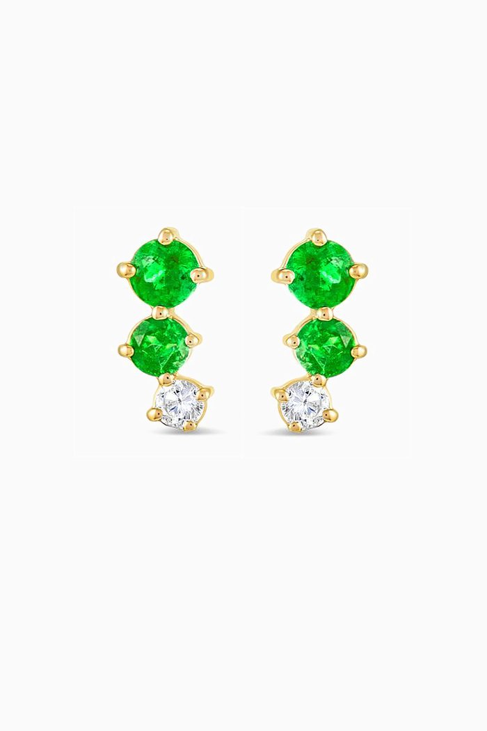 

Petite Colombian Emerald Bar Diamond Earrings in 18kt Gold, Green
