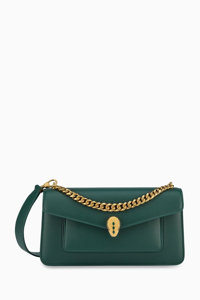 Medium Serpenti East-West Maxi Chain Shoulder Bag in Leather, Green