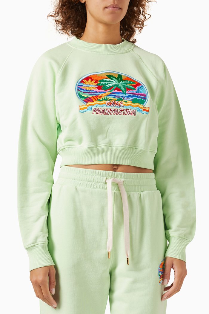 

Casa Phantastica Embroidered Cropped Sweatshirt in Cotton, Green