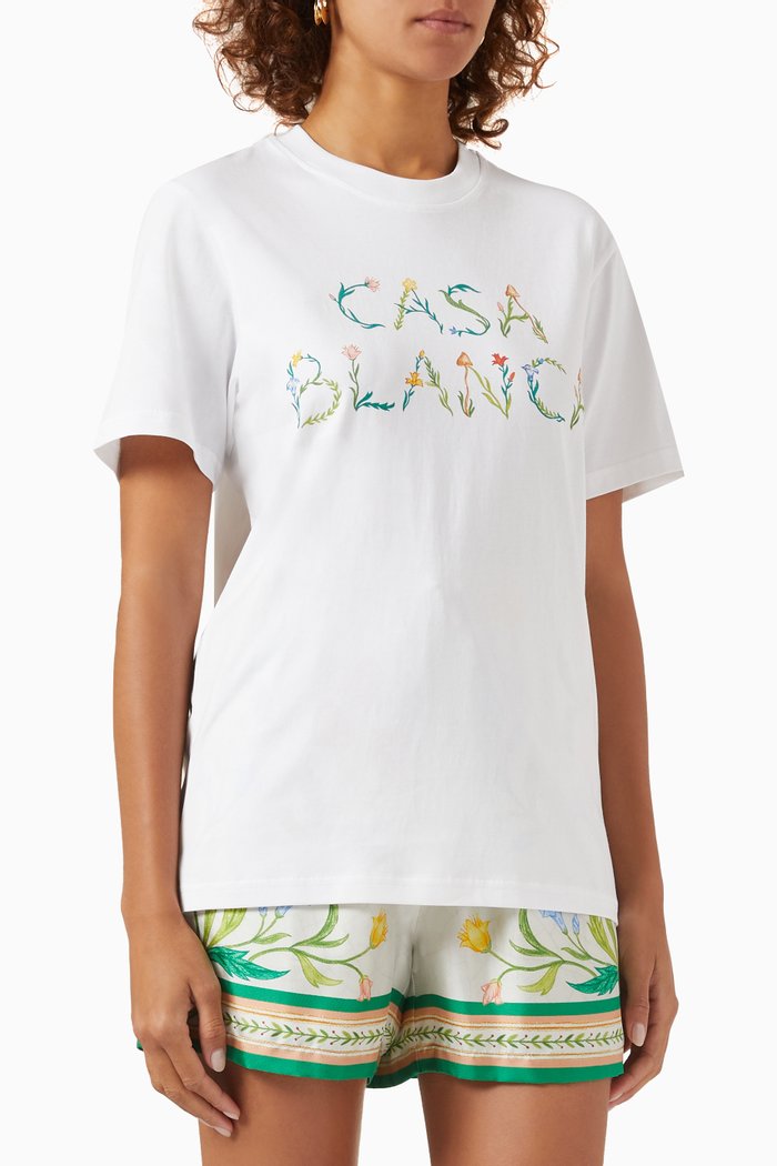 

L'Arche Fleurie Print T-shirt in Cotton, White