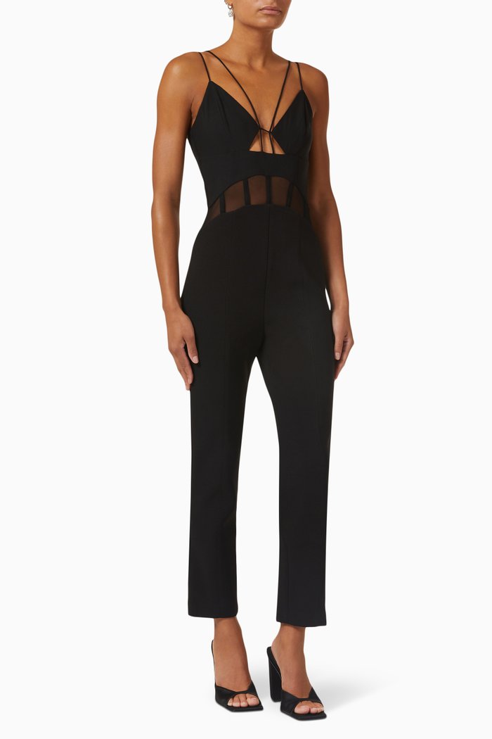 

Myrine Corset Jumpsuit in Bonded-crepe & Mesh, Black