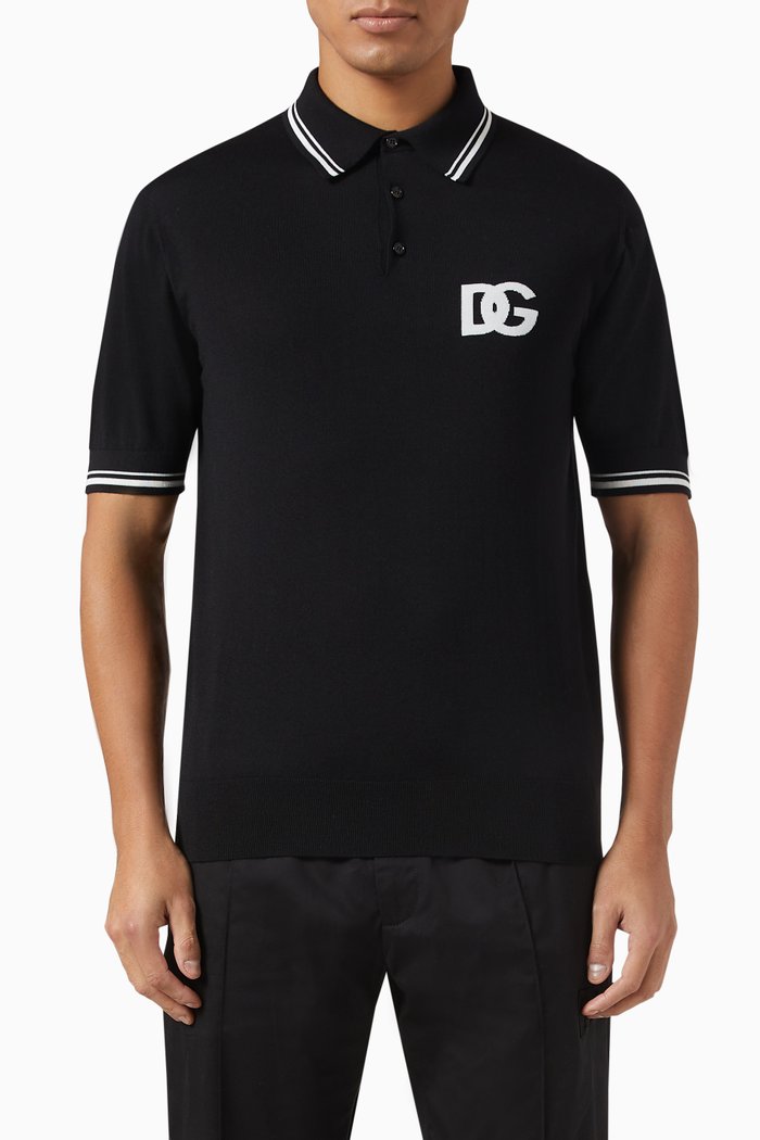 

DG Embroidered Polo Shirt in Wool Blend, Black