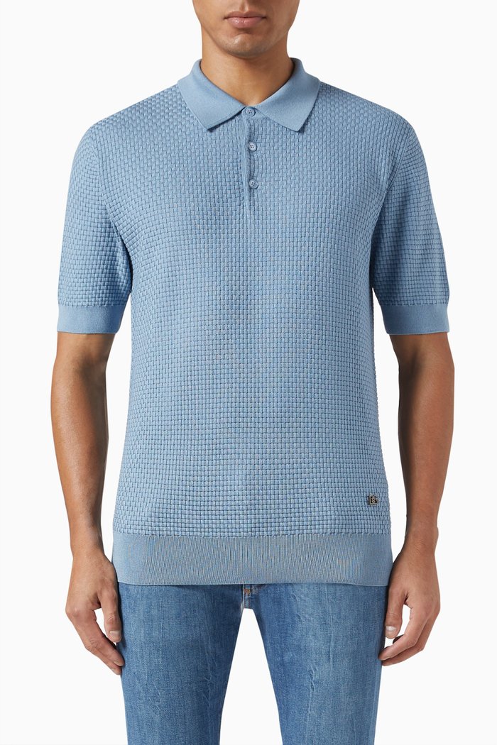 

Knit Polo Shirt in Cotton Blend, Blue