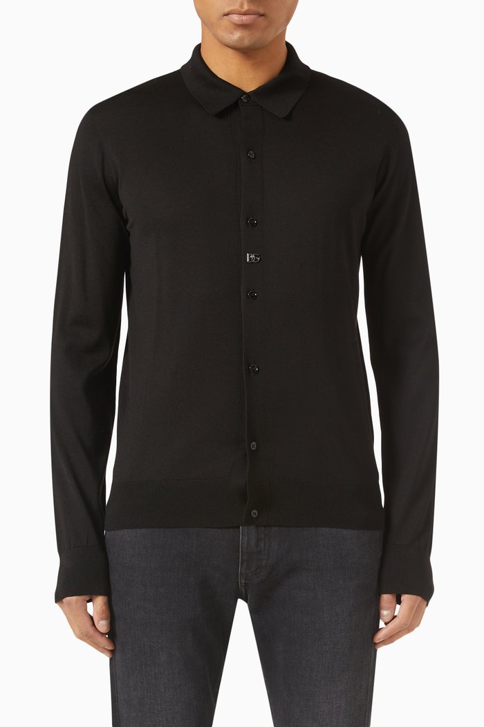 

Long Sleeve Polo in Knitted Cotton, Black