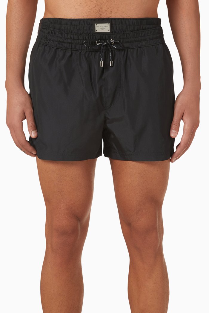 Logo Plaque Double Waistband Swim Shorts, Black