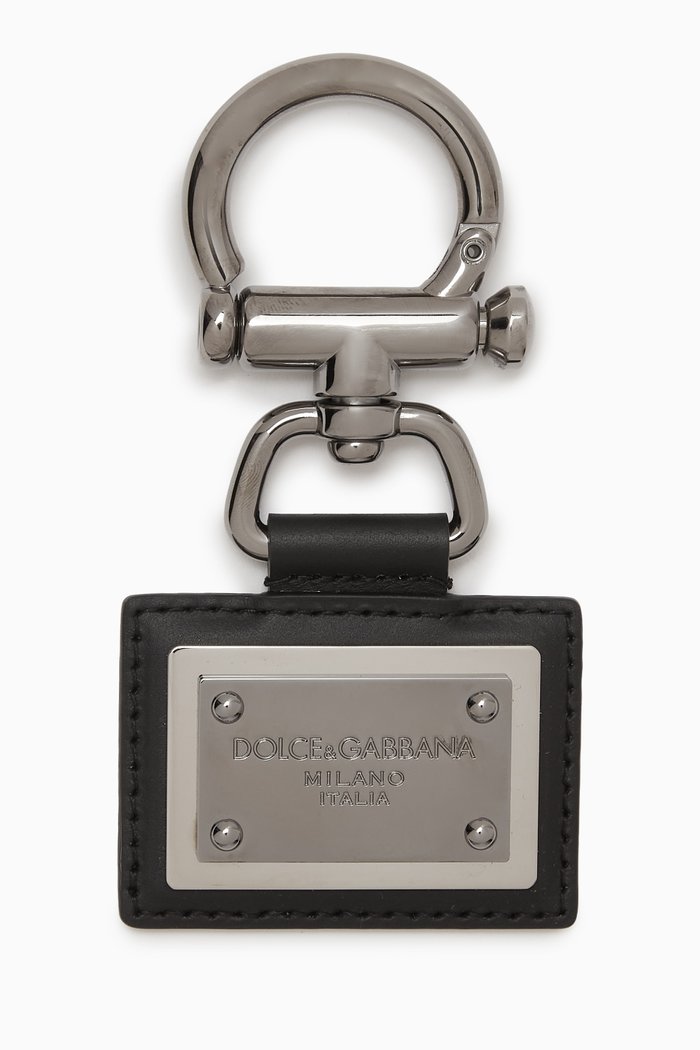 

Logo Plaque Keychain in Dauphine Leather, Black