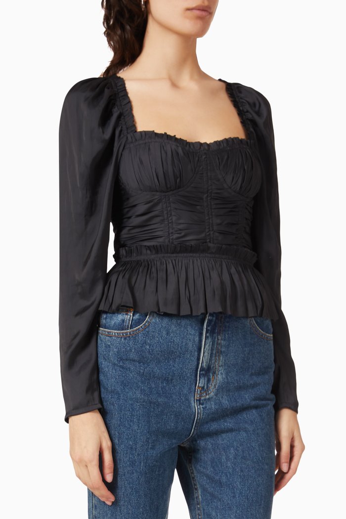 

Mia Bustier Plissé Blouse in Satin, Black