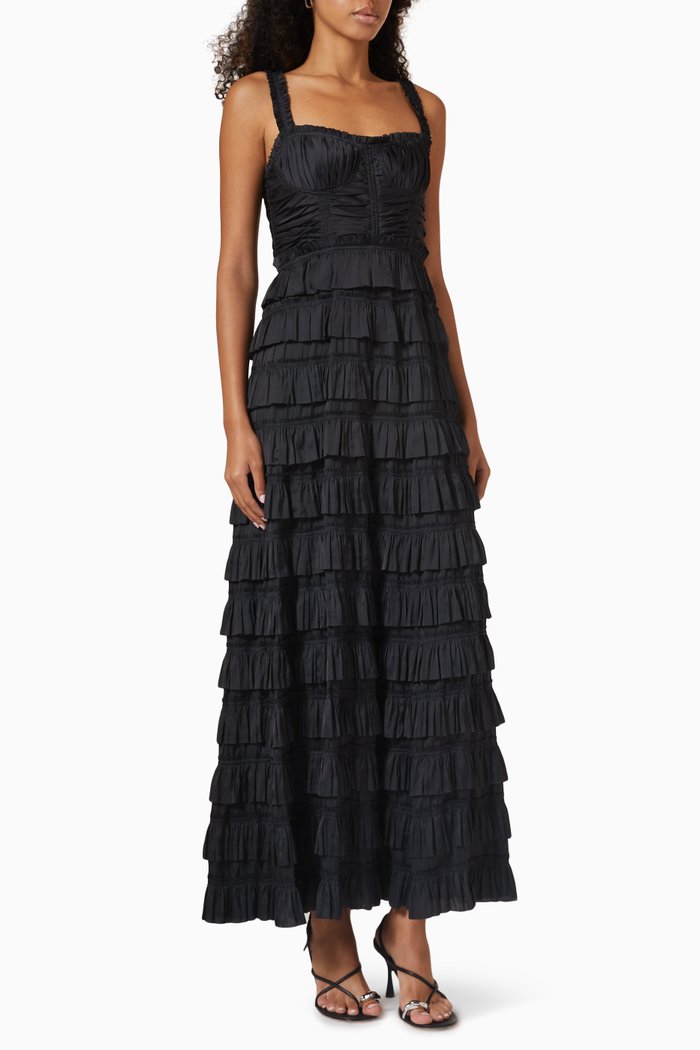

Camille Maxi Dress in Plissé Satin, Black