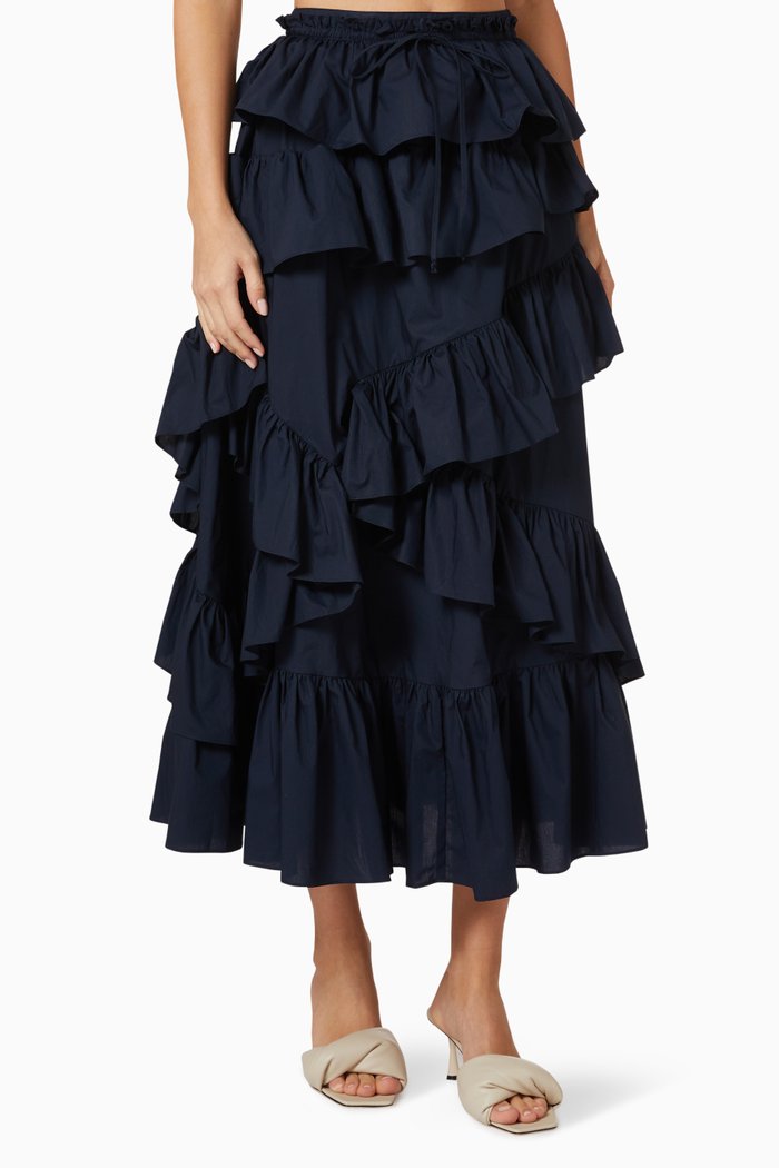 

Cornelia Ruffled Midi Skirt in Cotton Poplin, Blue