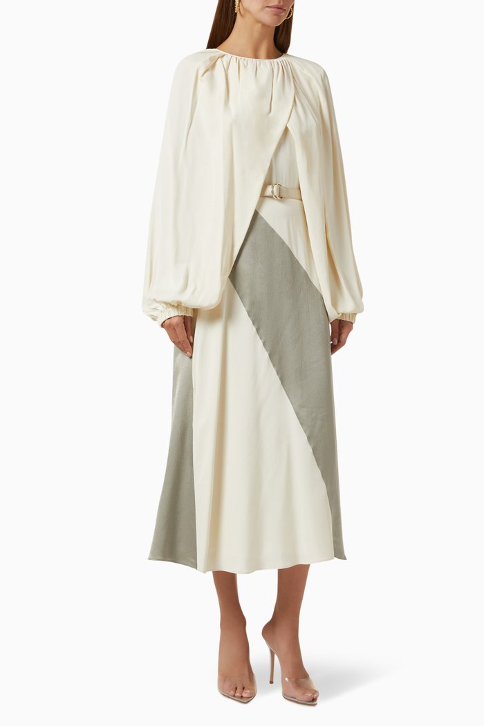 Cape-sleeve Belted Midi Dress, White
