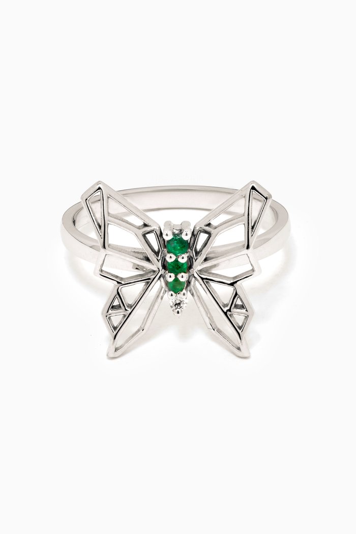 

Butterflies Diamond & Emerald Ring 18kt White Gold, Silver
