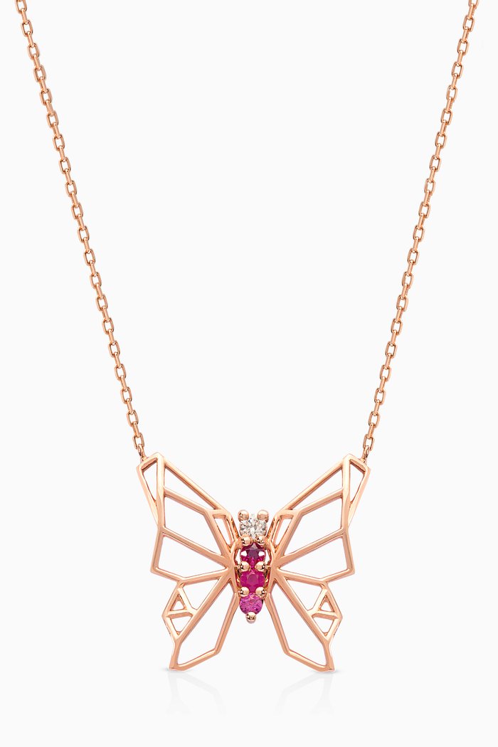 Butterflies Diamond & Pink Sapphire Necklace in 18kt Rose Gold