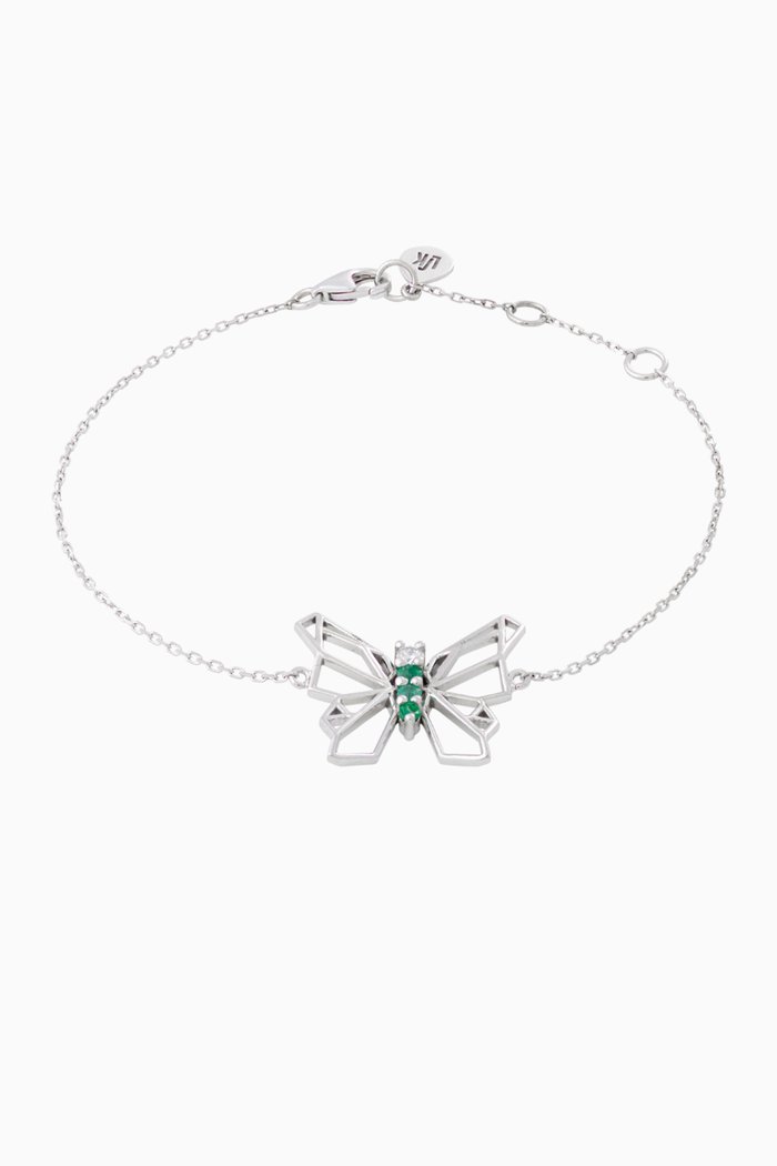 Butterflies Diamond & Emerald Bracelet in 18kt White Gold, Silver