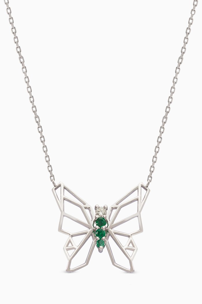

Butterflies Diamond & Emerald Necklace in 18kt White Gold, Silver