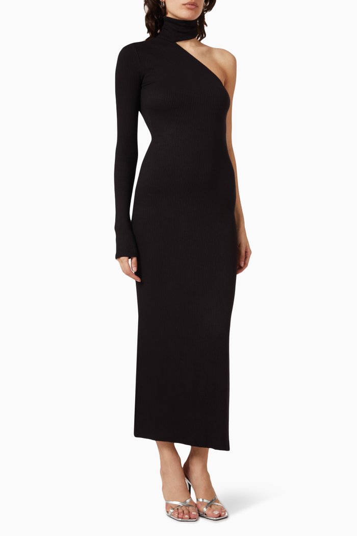 

Brushed Alloy Turtleneck Midi Dress in Stretch Viscose, Black