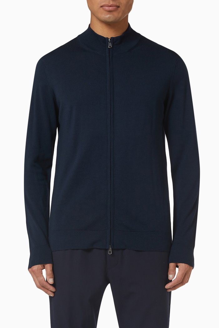 Zip Cardigan in Fine Merino Wool, Blue