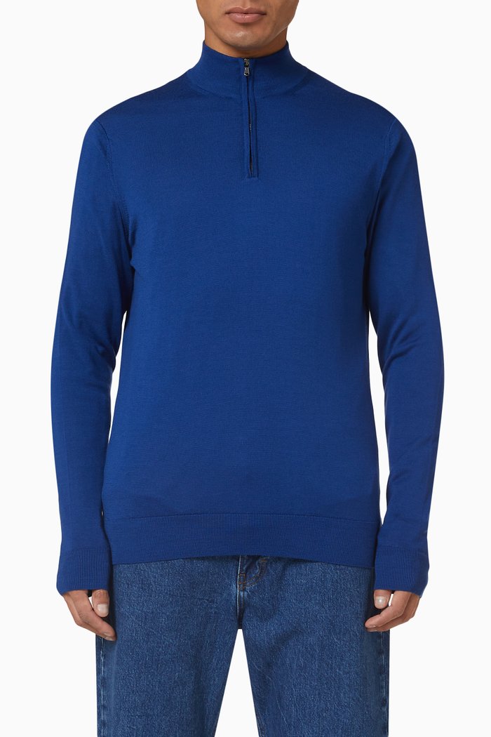 

Zip Neck Jumper in Fine Merino Wool, Blue