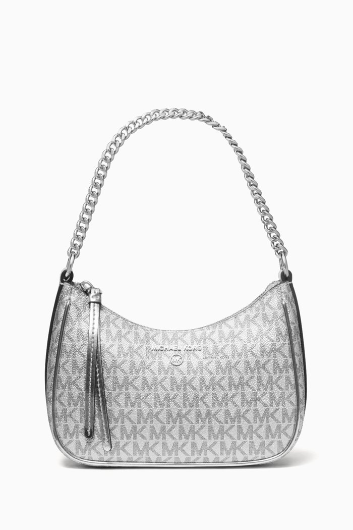 

Jet Set Charm Small Shoulder Bag in Metallic Signature Monogram Canvas, Silver
