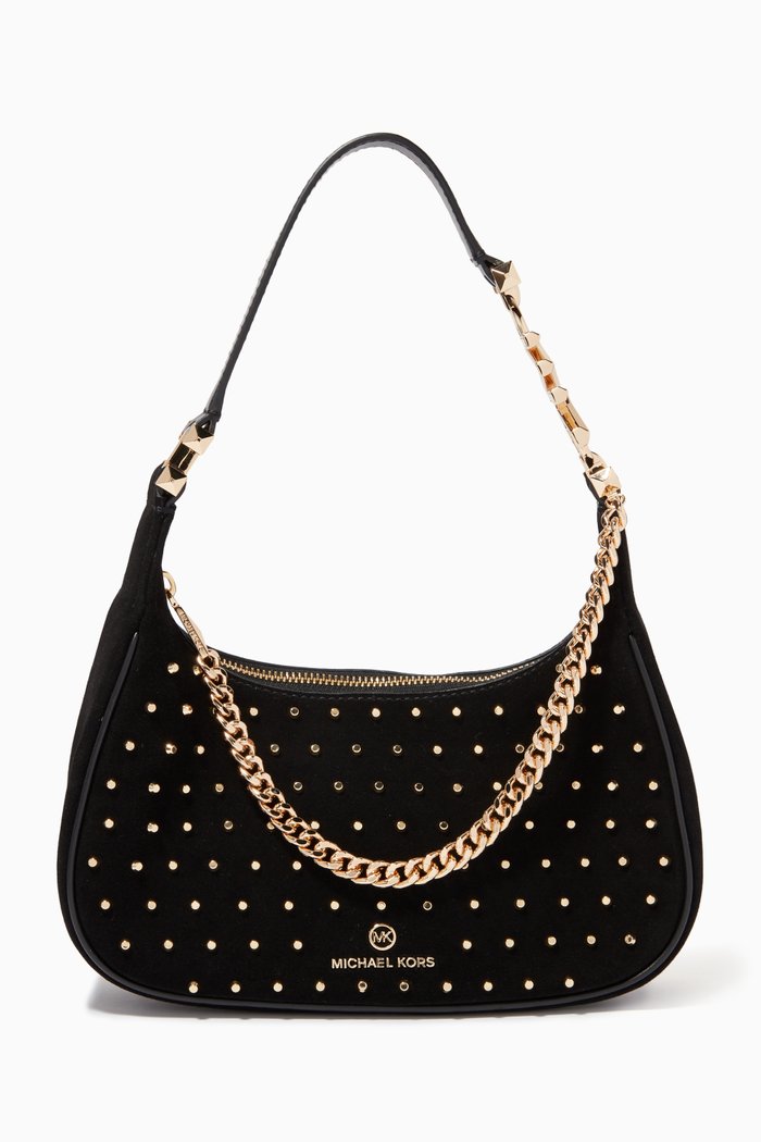 Piper Small Logo Shoulder Bag in Suede, Black