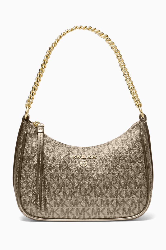 

Jet Set Charm Small Shoulder Bag in Metallic Signature Monogram Canvas, Gold