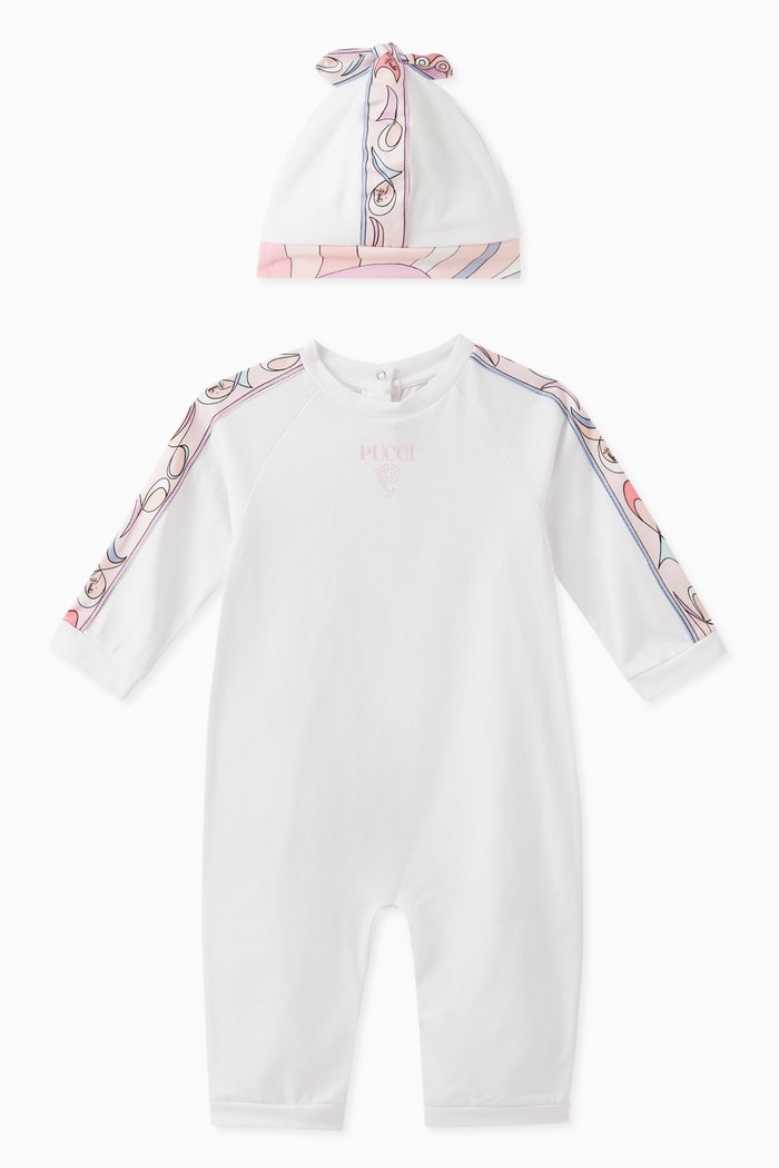 Graphic Print Pyjamas & Hat Set in Cotton, White