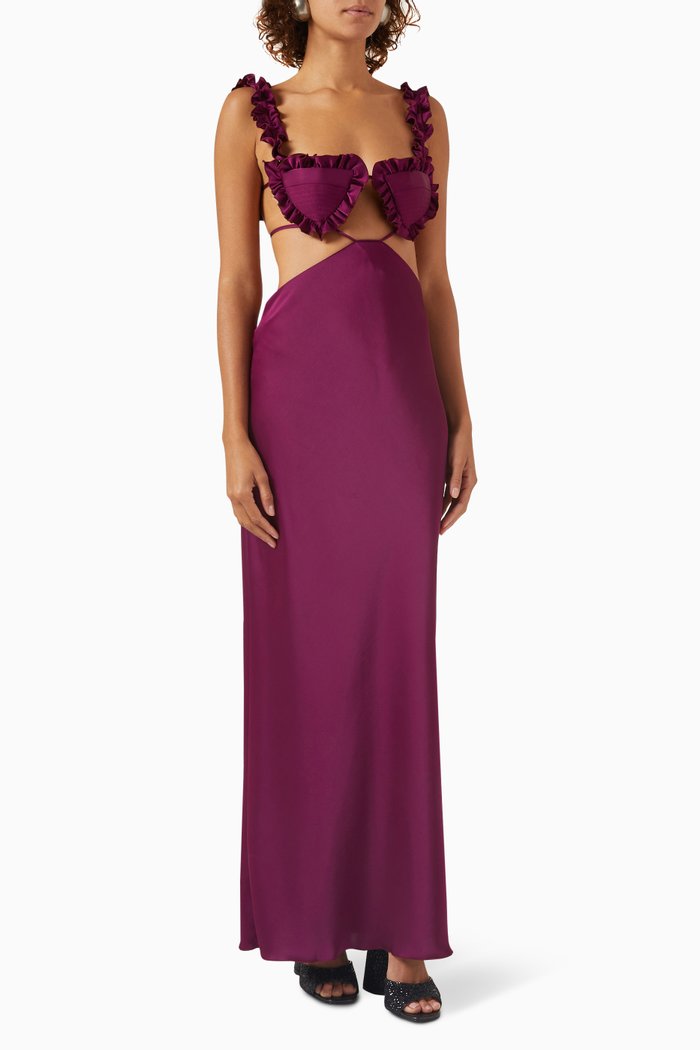 

Amber Ruffled Midi Dress in Satin, Red