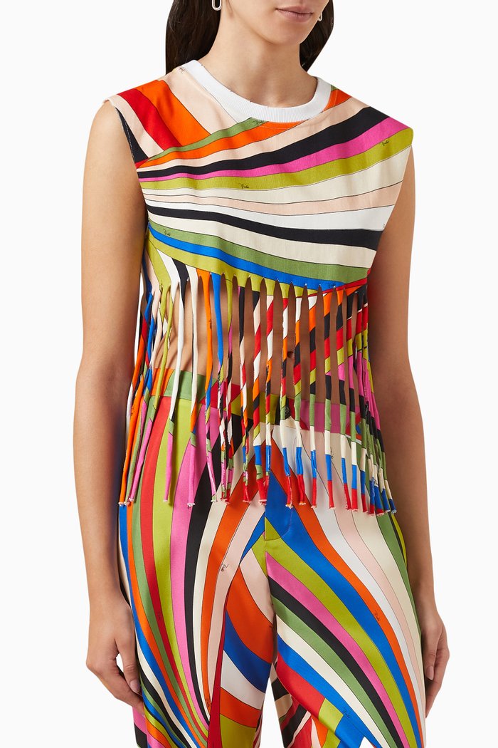 

Iride-Print Fringe-trimmed Top in Cotton Jersey, Multicolour