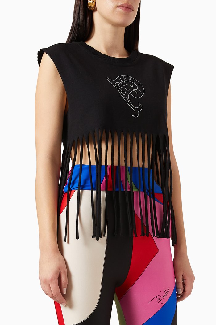 

Logo Print Fringe Top in Jersey, Black