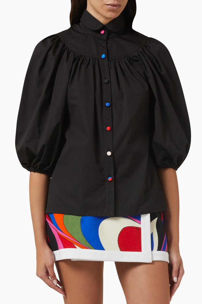 

Puff Sleeve Blouse in Cotton Poplin, Black