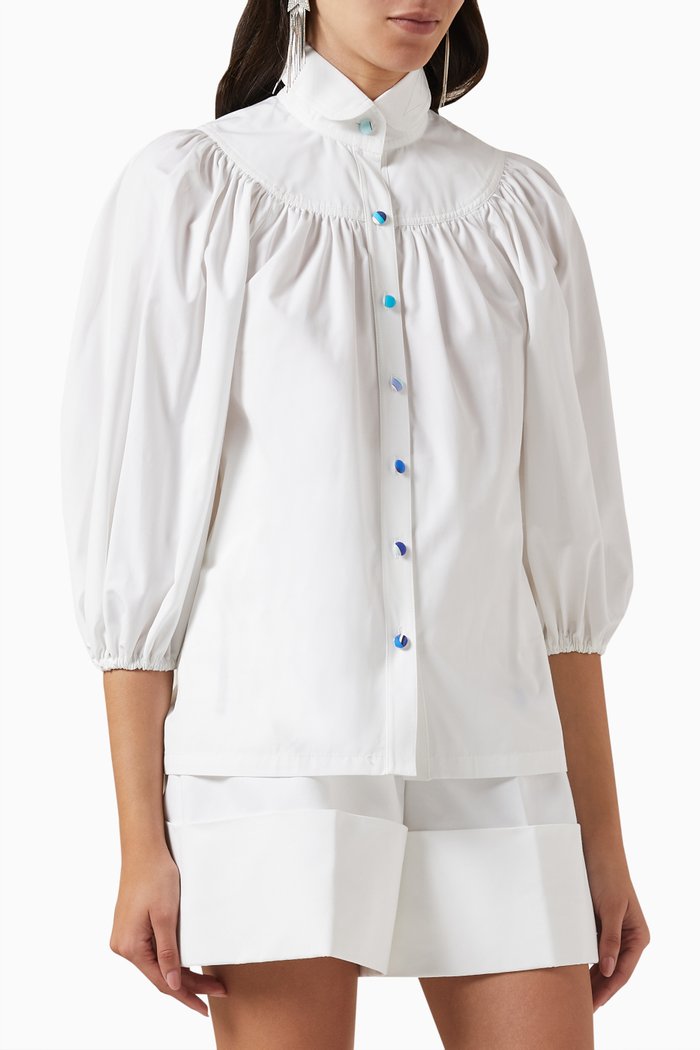 Puff Sleeve Blouse in Cotton Poplin, White
