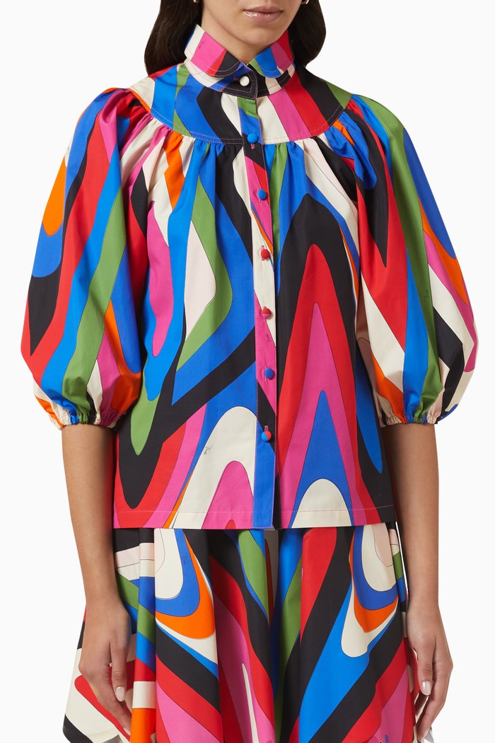 

Puff Sleeve Blouse in Cotton Poplin, Multicolour