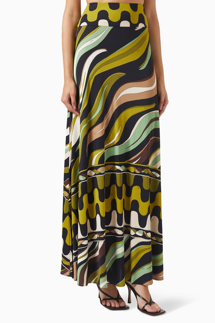 Fiamme-print Maxi Skirt in Silk & Viscose, Green
