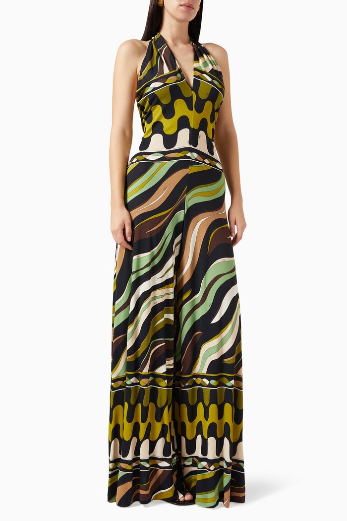 

Fiamme Print Halterneck Jumpsuit, Green