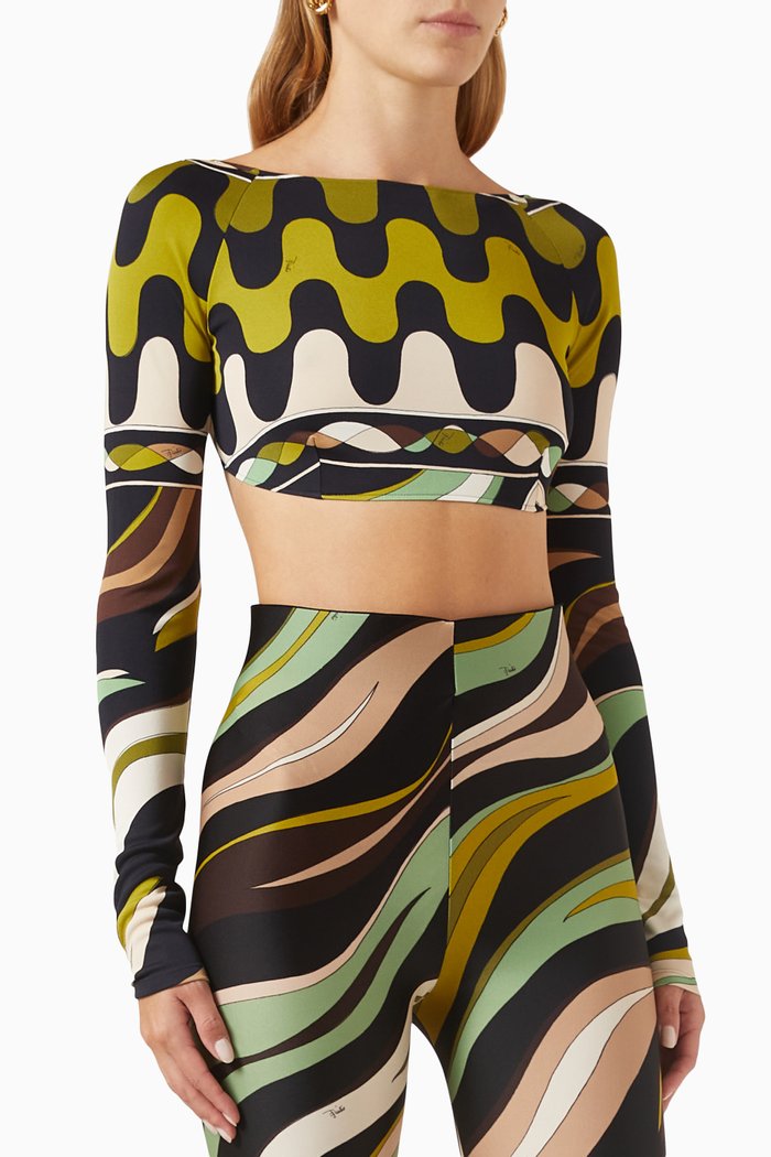 Fiamme-print Crop Top in Jersey, Green