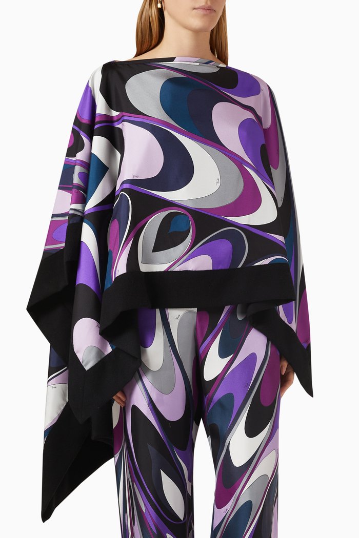 Onde-print Reversible Poncho in Silk & Wool, Purple