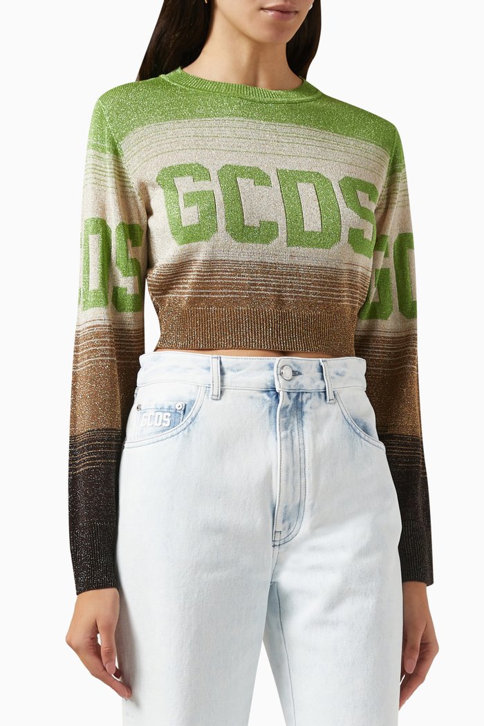 

Logo Crop Sweater in Lurex Dégradé, Green