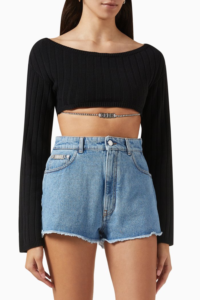 

Crystal-embellished Crop Sweater in Cotton-knit, Black