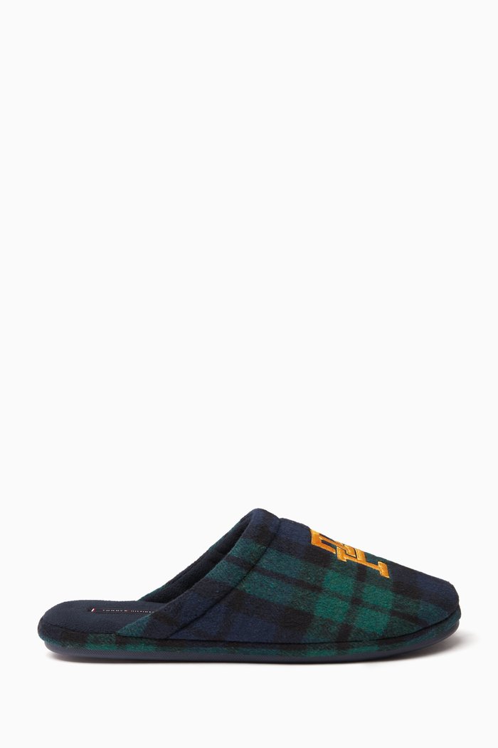 

Tartan Monogram Embroidery Slippers in Textile, Blue