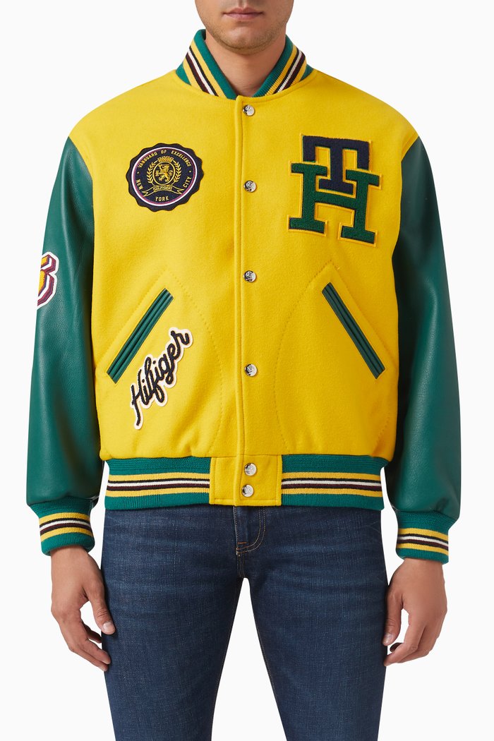 

Crest Varsity Jacket in Leather & Cashmere-blend, Yellow