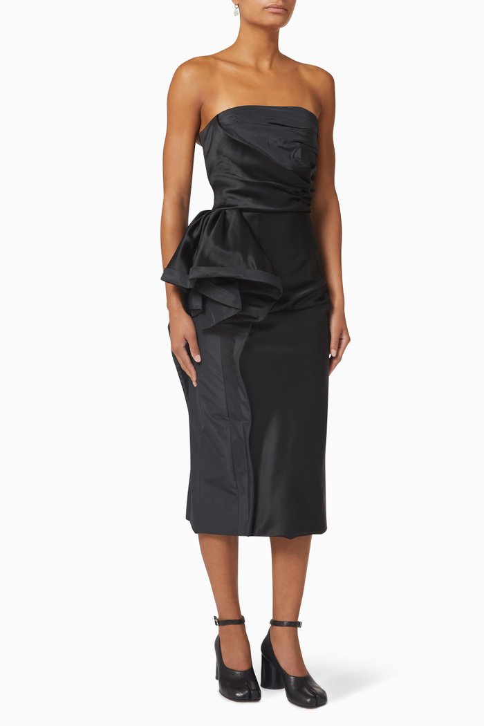 

Midi Peplum Dress in Satin, Black